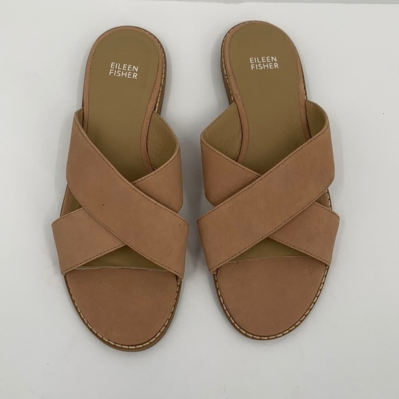 Eileen fisher cape crossover slide sandal shoe tan flat mule women new 9.5 - Picture 1 of 7